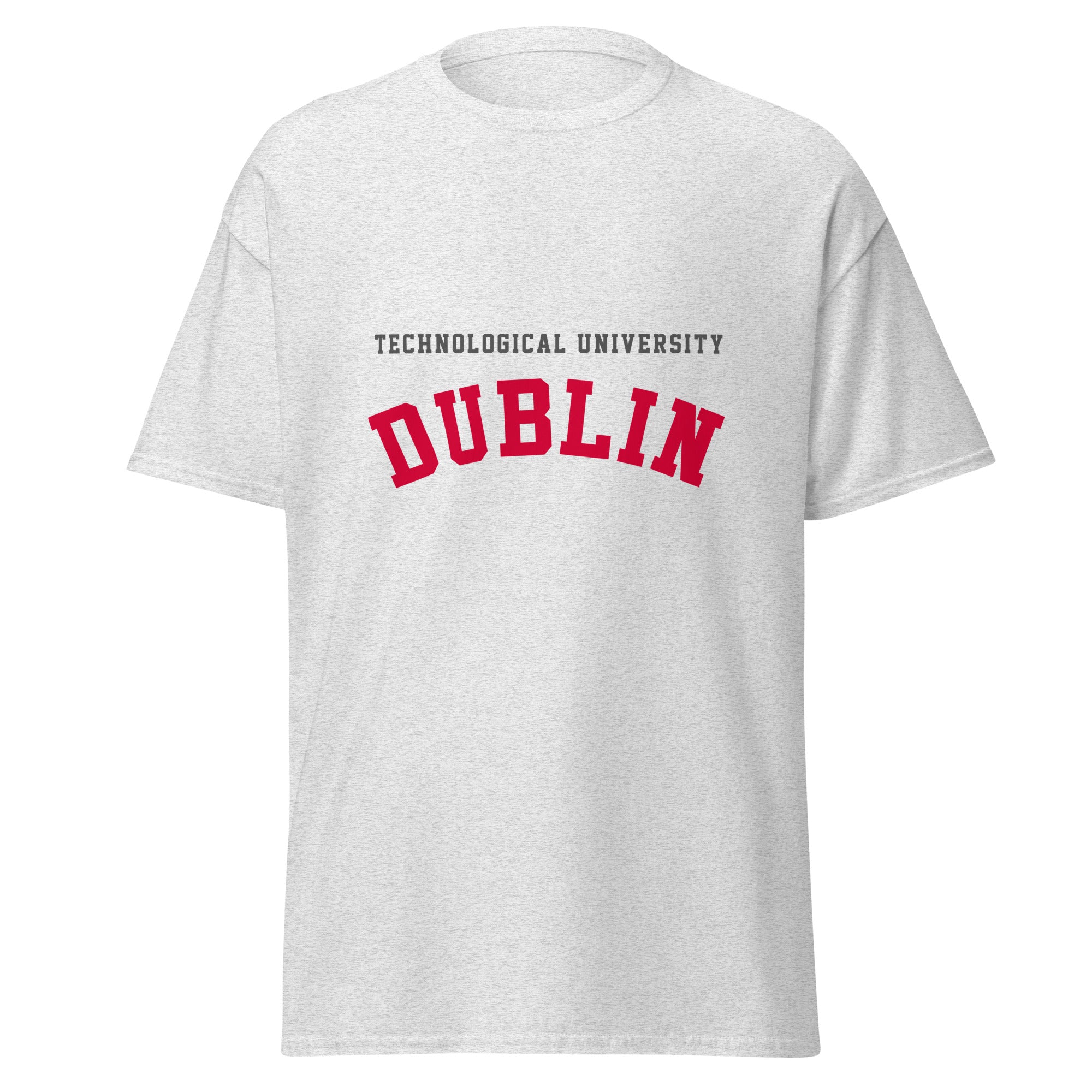 Unisex heather gray t-shirt featuring Technological University Dublin logo printed across the front chest
