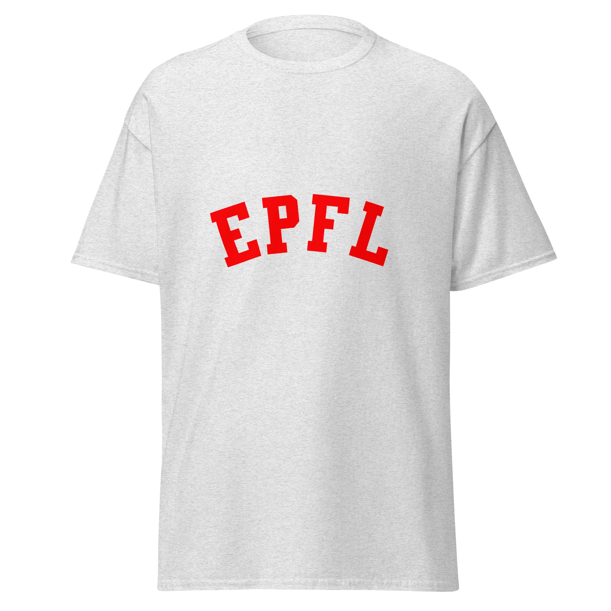 Unisex heather gray t-shirt featuring EPFL logo printed across the front chest