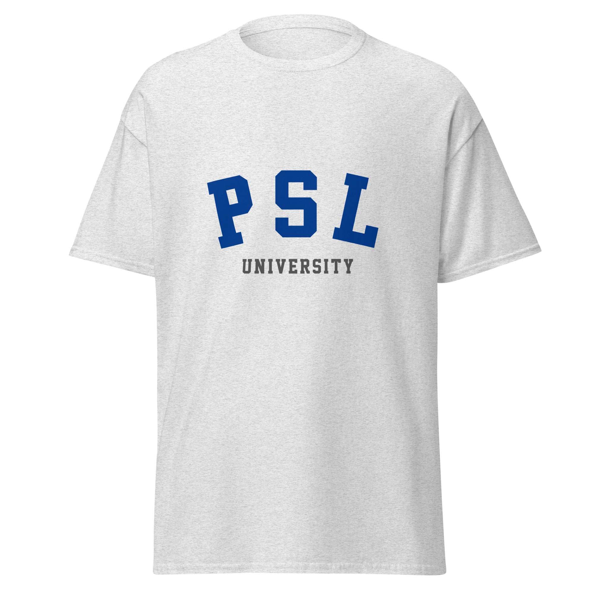 Unisex heather gray t-shirt featuring Université PSL logo printed across the front chest