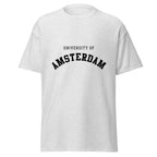 Unisex heather gray t-shirt featuring University of Amsterdam logo printed across the front chest