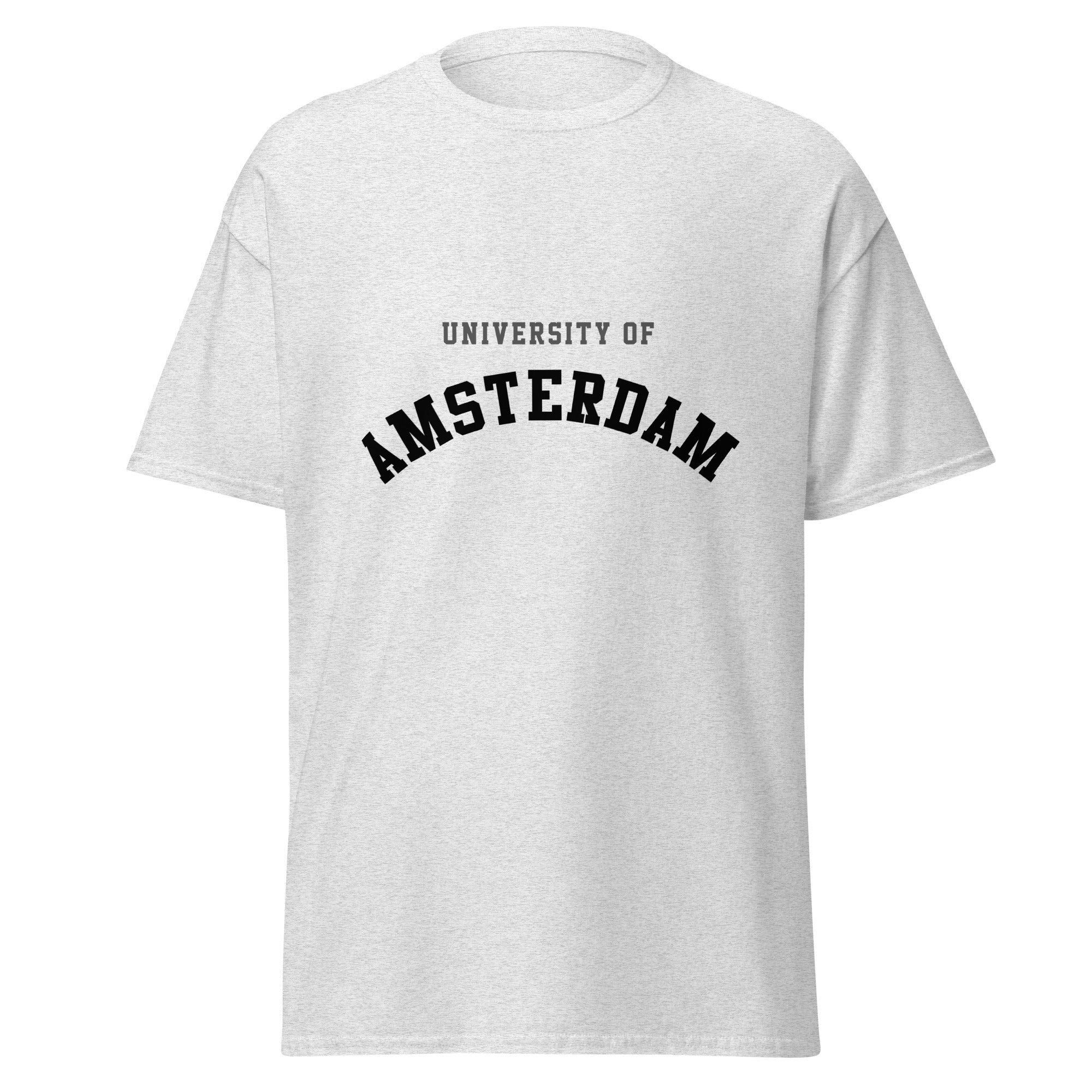 Unisex heather gray t-shirt featuring University of Amsterdam logo printed across the front chest
