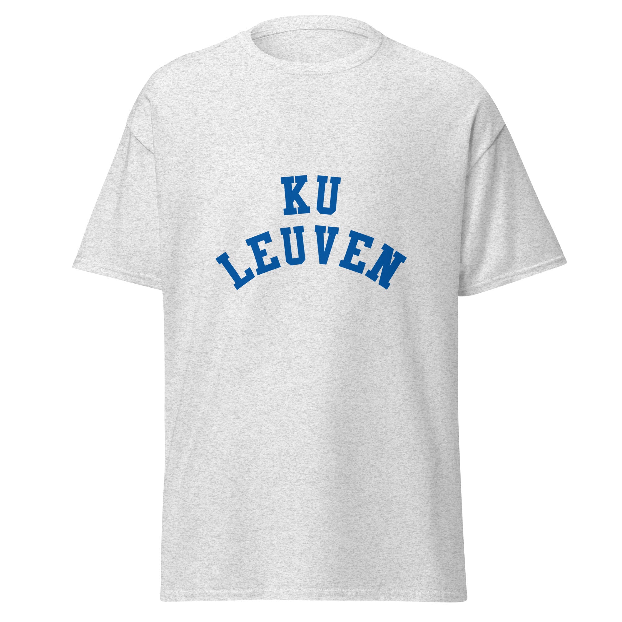 Unisex heather gray t-shirt featuring KU Leuven logo printed across the front chest