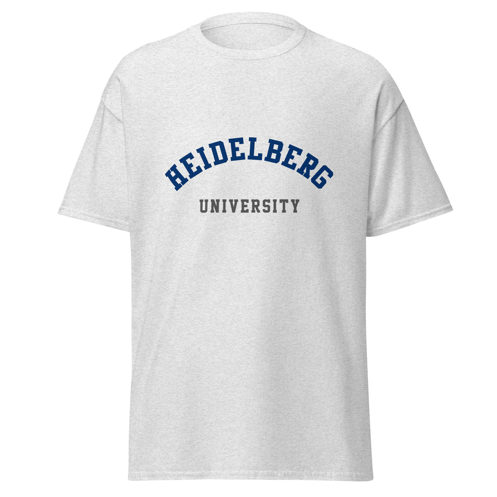 Unisex heather gray t-shirt featuring Heidelberg University logo printed across the front chest