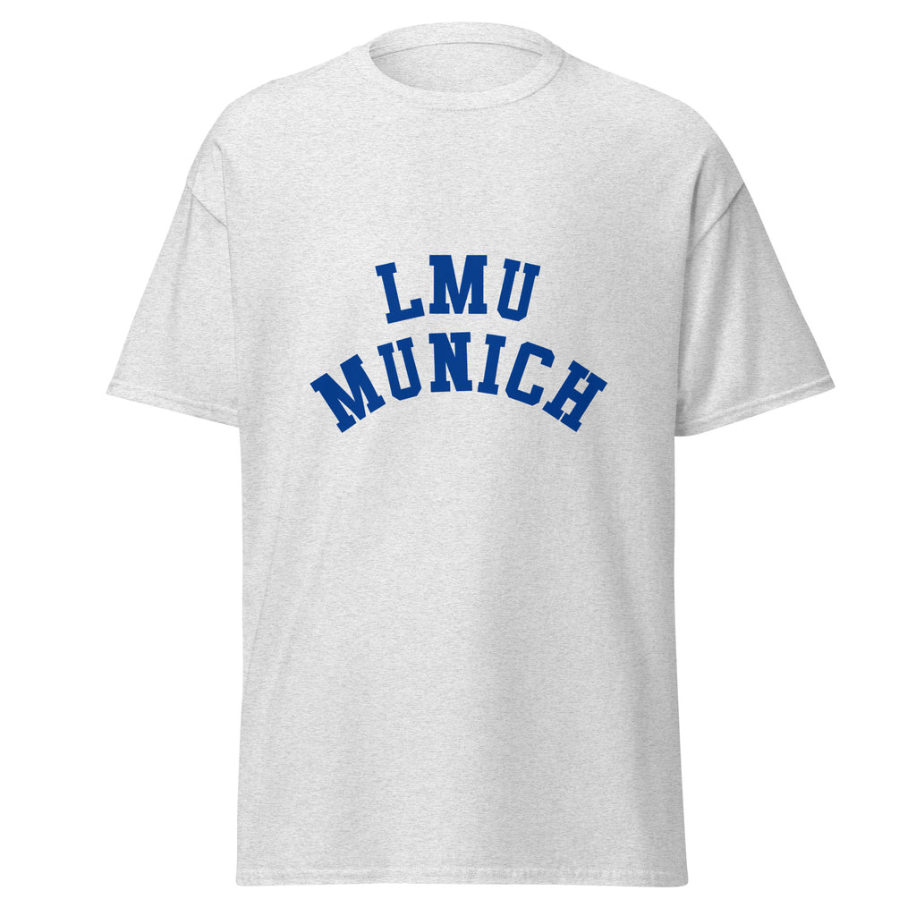 Unisex heather gray t-shirt featuring LMU Munich logo printed across the front chest