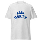 Unisex heather gray t-shirt featuring LMU Munich logo printed across the front chest