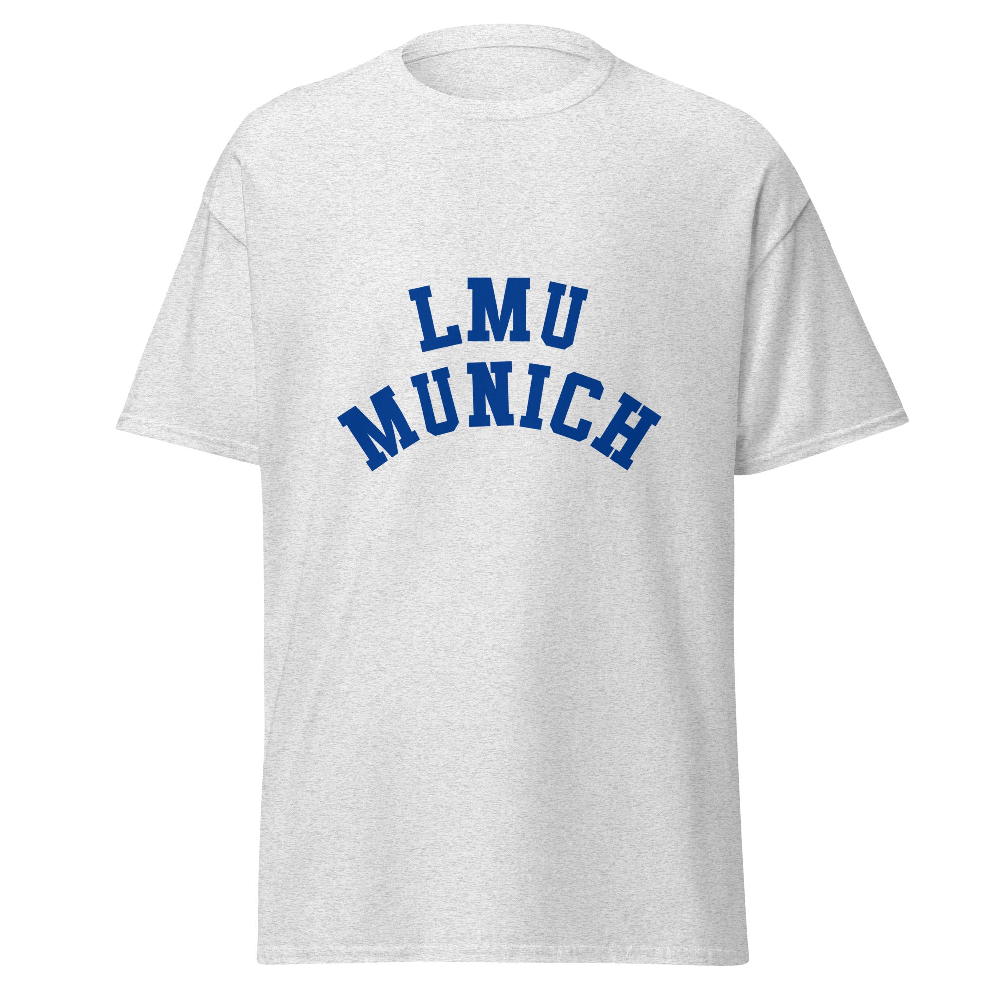 Unisex heather gray t-shirt featuring LMU Munich logo printed across the front chest