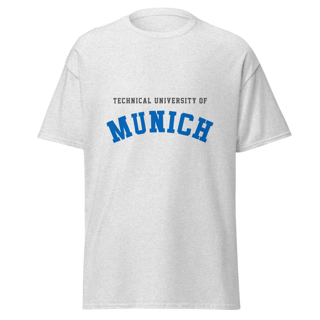 Unisex heather gray t-shirt featuring Technical University of Munich logo printed across the front chest
