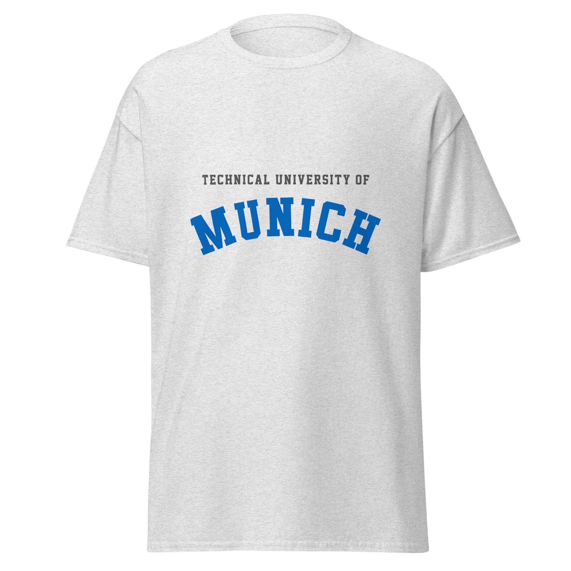 Unisex heather gray t-shirt featuring Technical University of Munich logo printed across the front chest