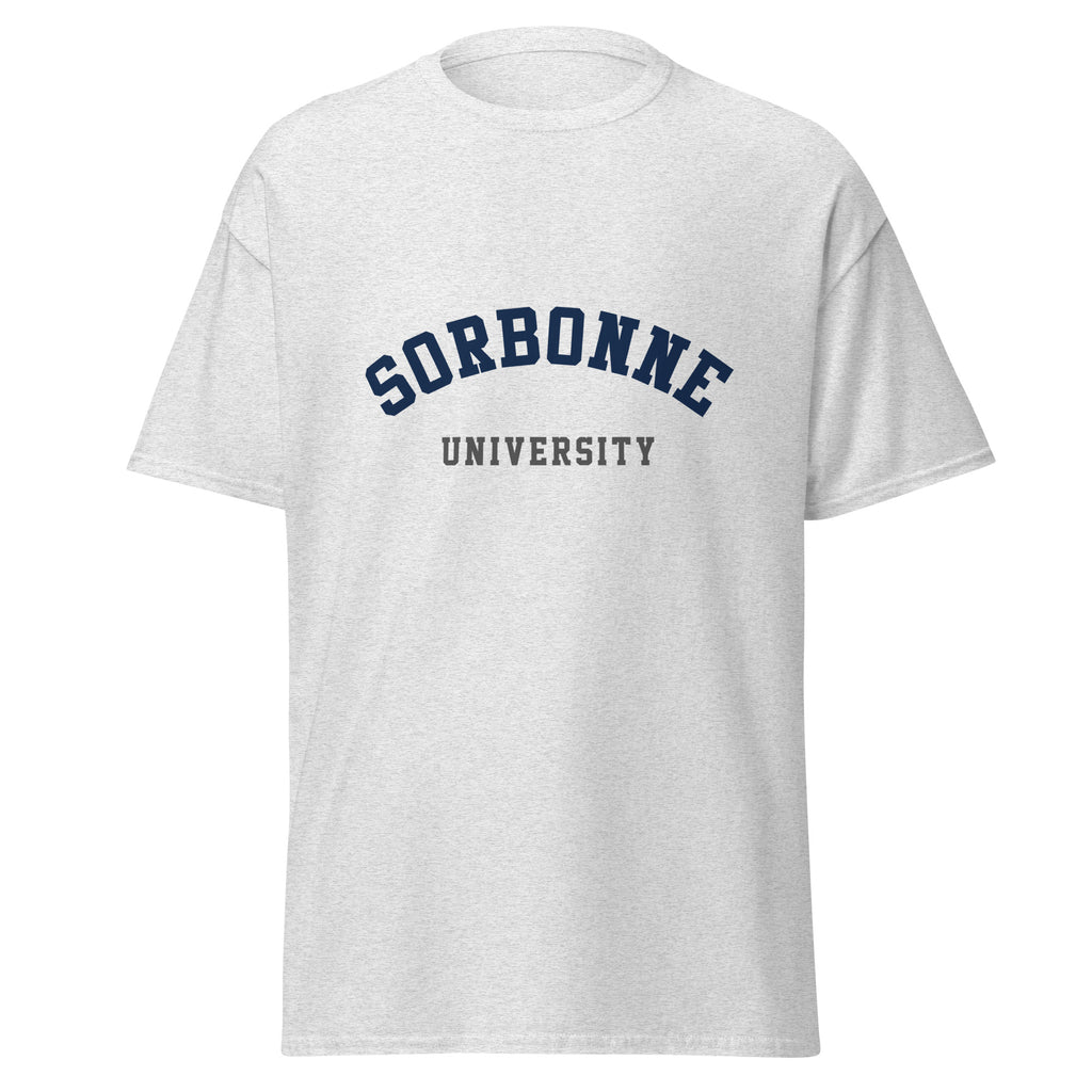 Unisex heather gray t-shirt featuring Sorbonne University logo printed across the front chest