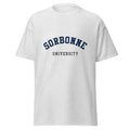 Unisex heather gray t-shirt featuring Sorbonne University logo printed across the front chest