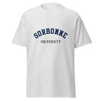 Unisex heather gray t-shirt featuring Sorbonne University logo printed across the front chest