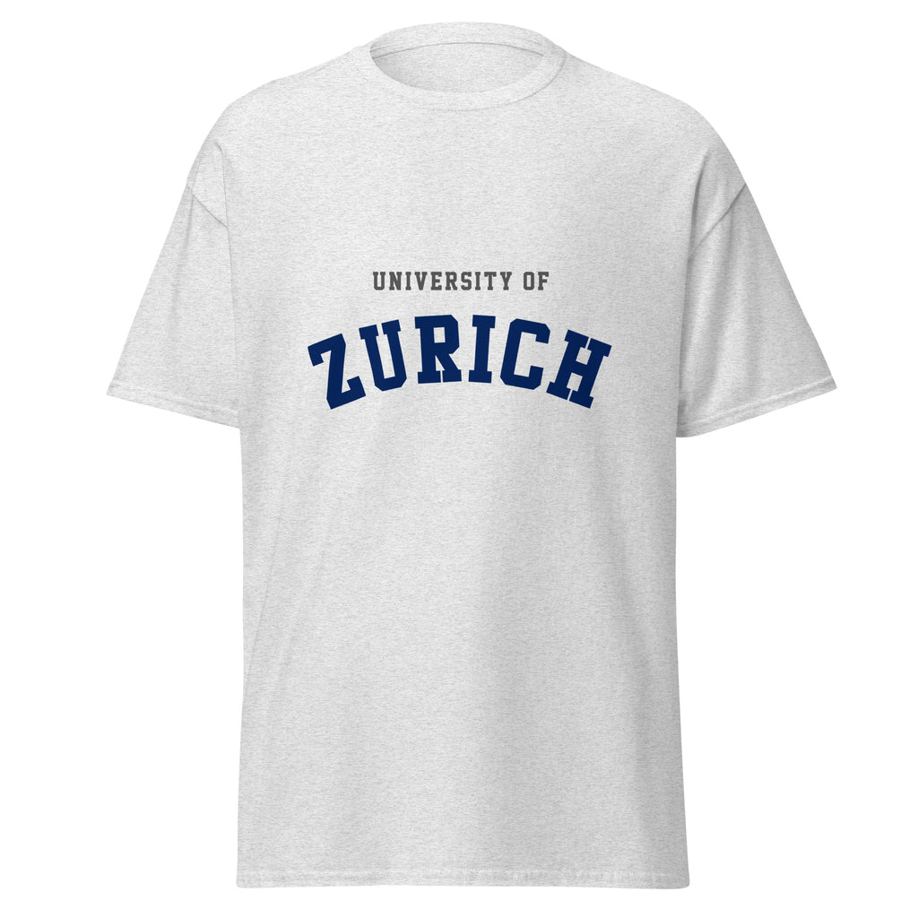 Unisex heather gray t-shirt featuring University of Zurich logo printed across the front chest