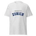 Unisex heather gray t-shirt featuring University of Zurich logo printed across the front chest