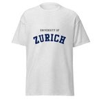 Unisex heather gray t-shirt featuring University of Zurich logo printed across the front chest