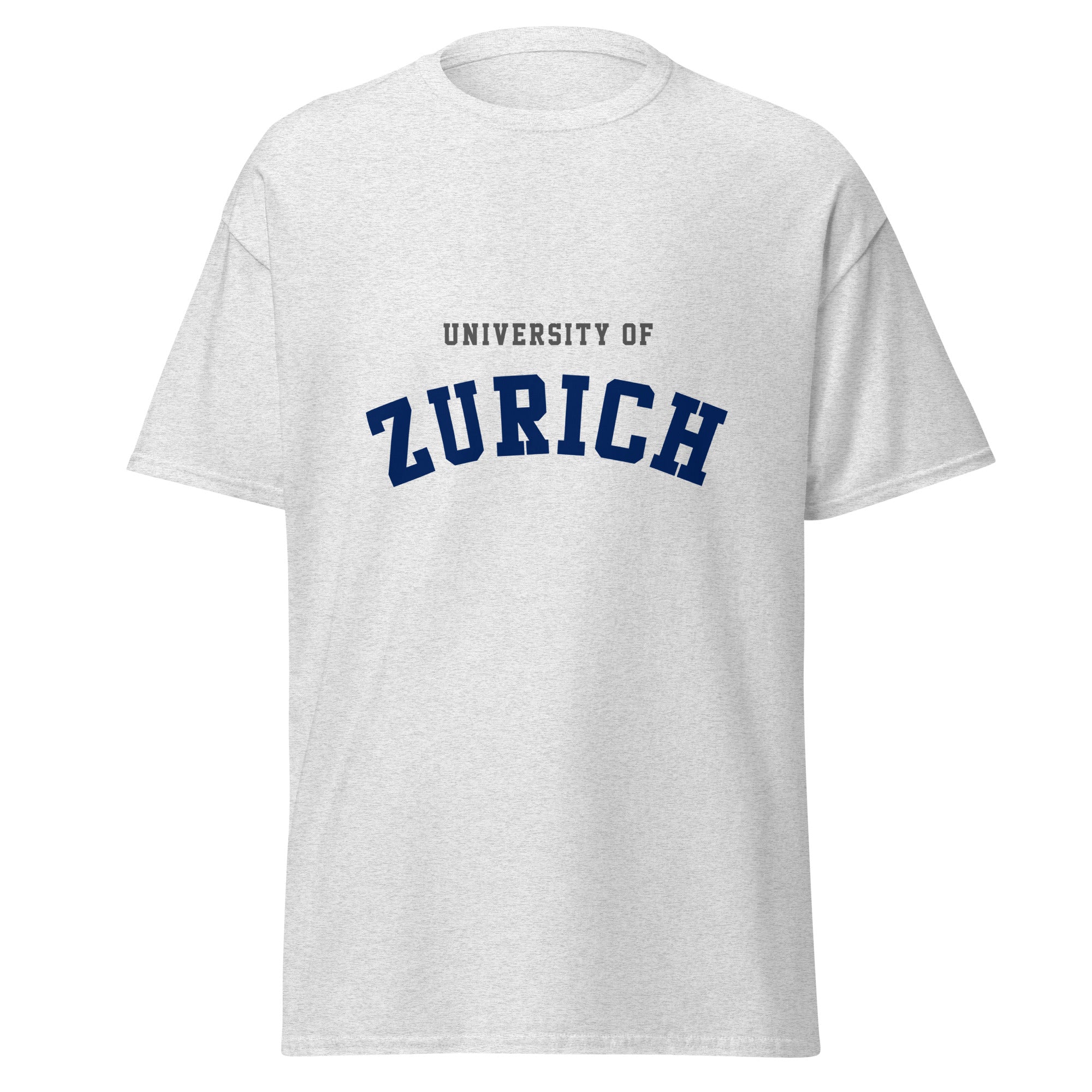 Unisex heather gray t-shirt featuring University of Zurich logo printed across the front chest