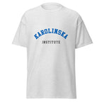 Unisex heather gray t-shirt featuring Karolinska Institute logo printed across the front chest