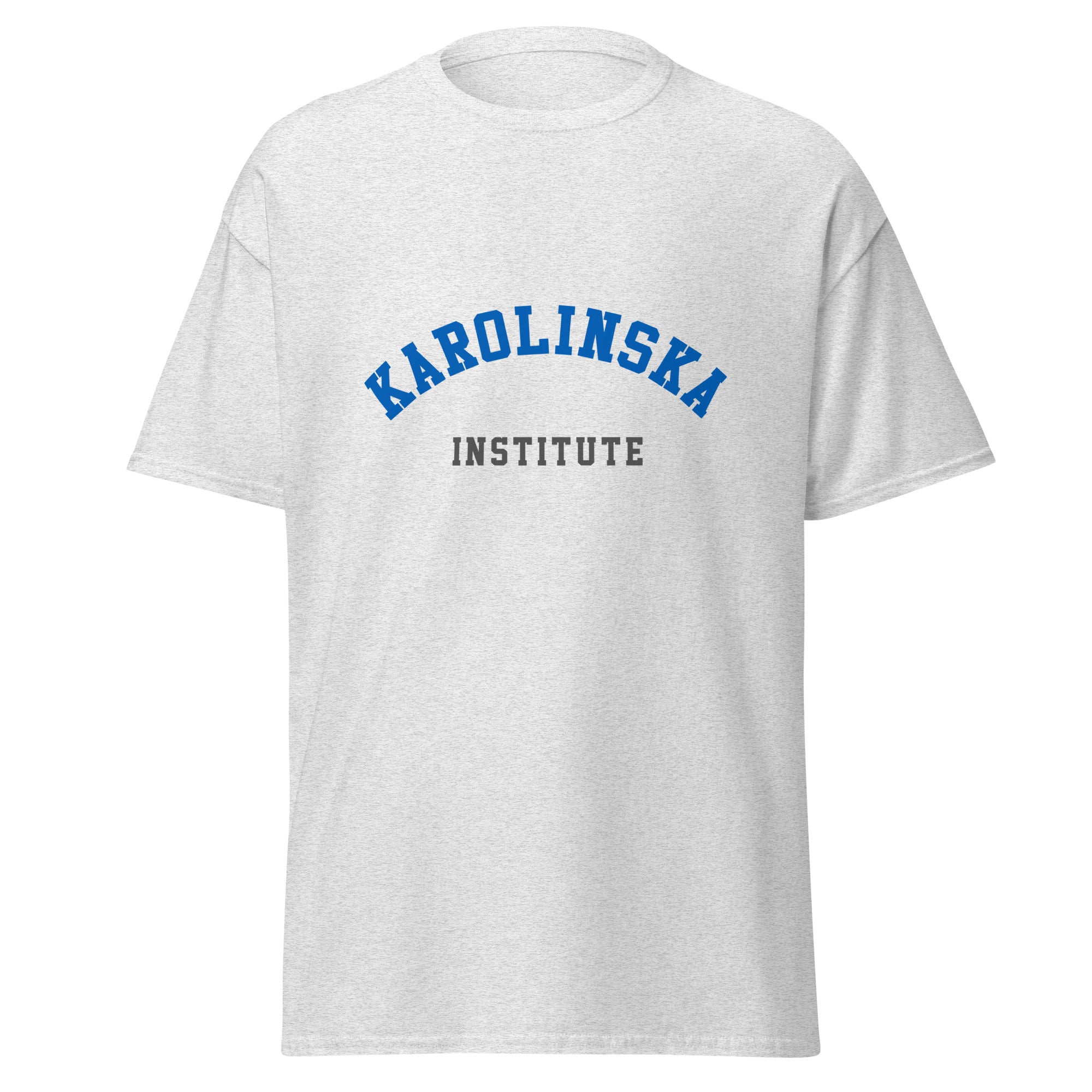 Unisex heather gray t-shirt featuring Karolinska Institute logo printed across the front chest