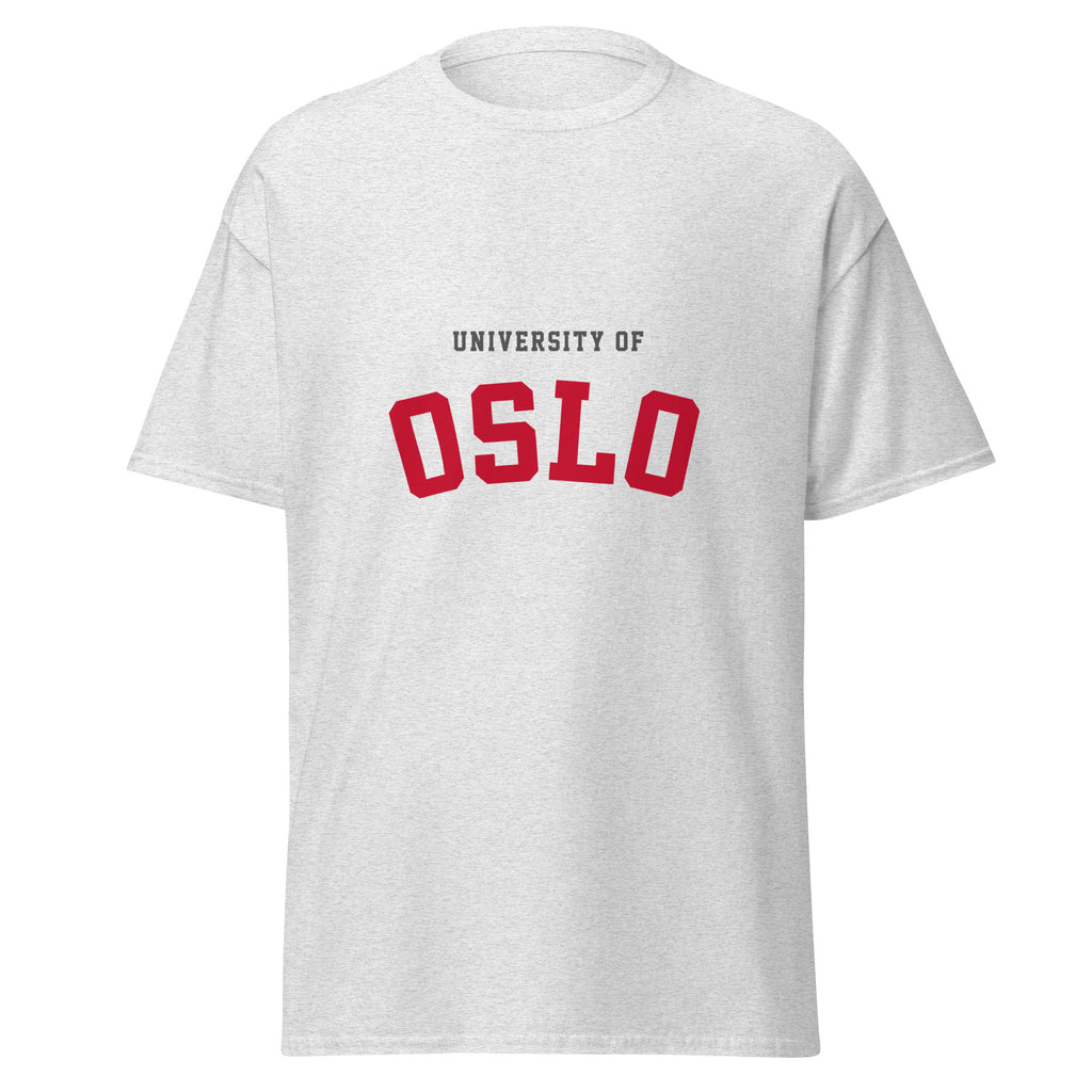 Unisex heather gray t-shirt featuring University of Oslo logo printed across the front chest