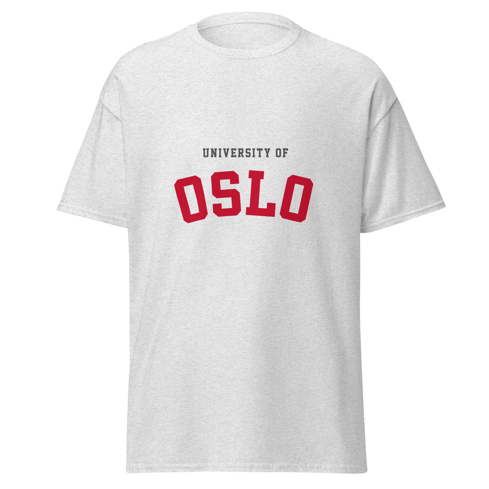 Unisex heather gray t-shirt featuring University of Oslo logo printed across the front chest