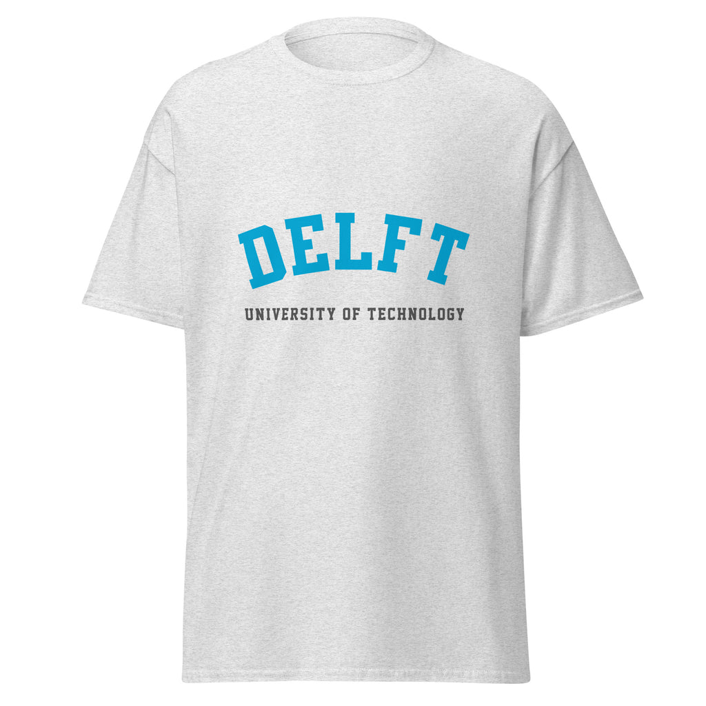 Unisex heather gray t-shirt featuring Delft University of Technology logo printed across the front chest