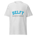 Unisex heather gray t-shirt featuring Delft University of Technology logo printed across the front chest