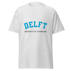 Unisex heather gray t-shirt featuring Delft University of Technology logo printed across the front chest