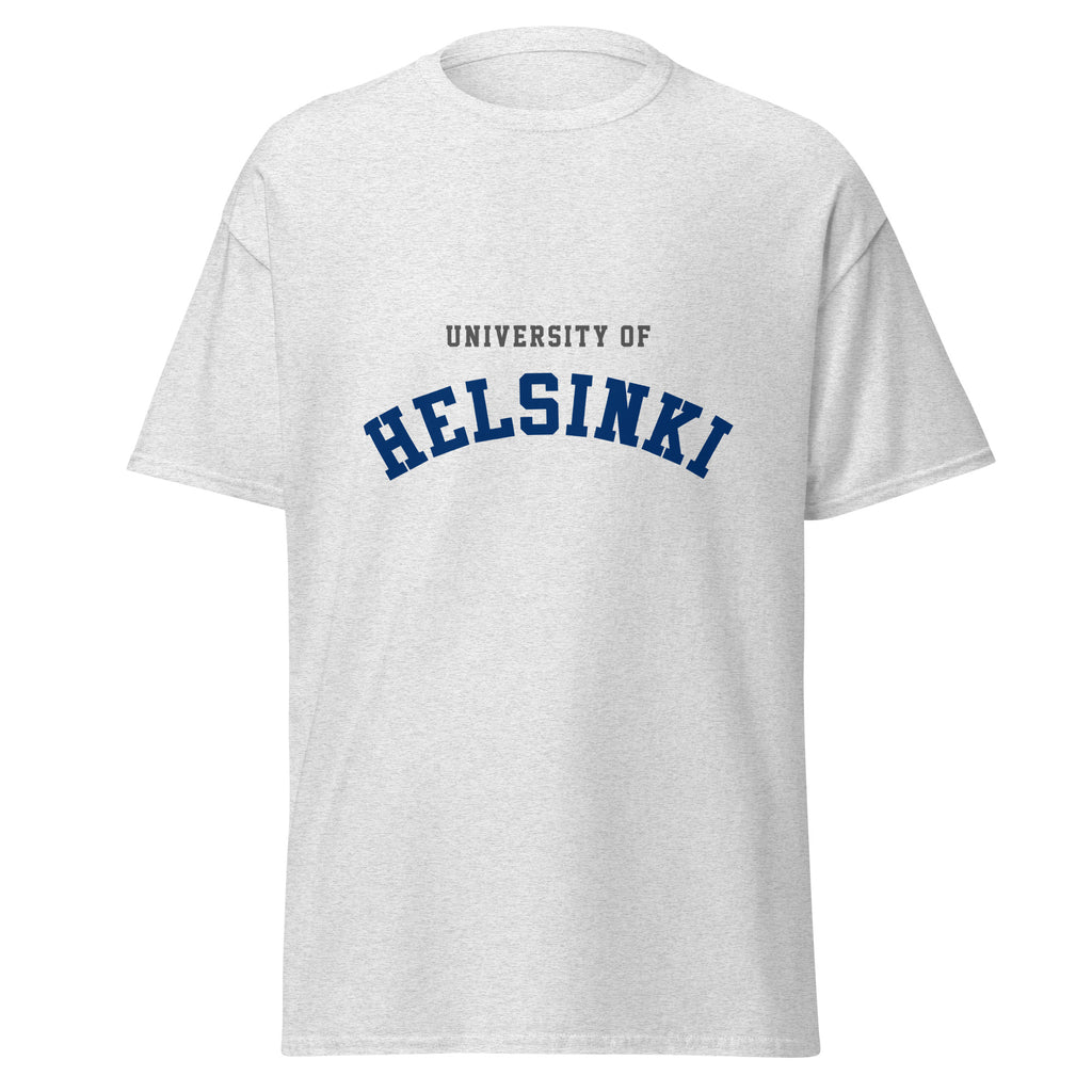 Unisex heather gray t-shirt featuring University of Helsinki logo printed across the front chest