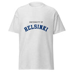 Unisex heather gray t-shirt featuring University of Helsinki logo printed across the front chest