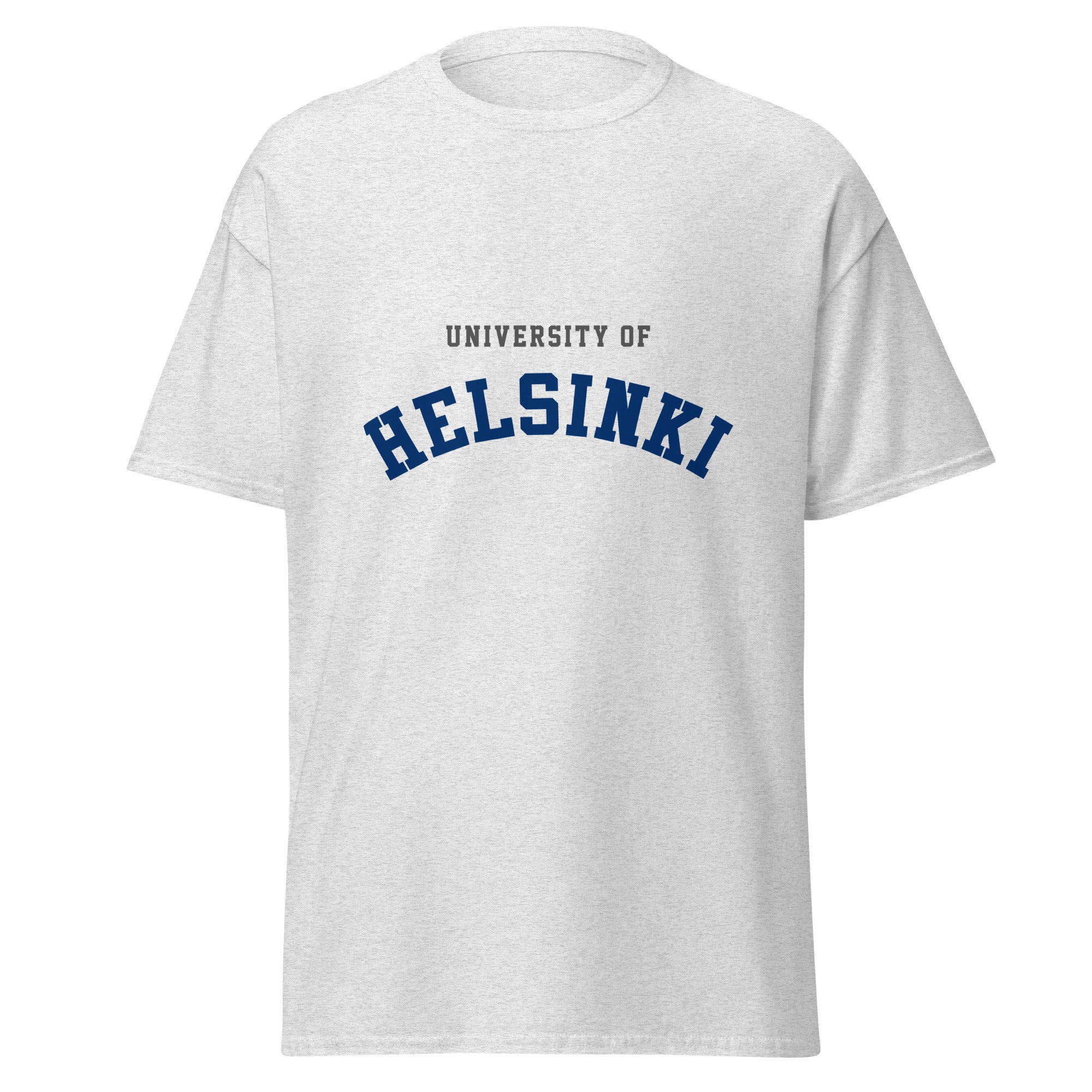 Unisex heather gray t-shirt featuring University of Helsinki logo printed across the front chest