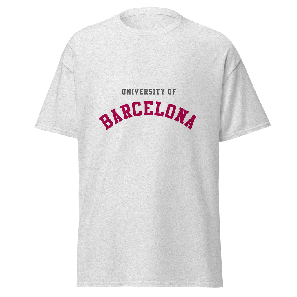 Unisex black t-shirt featuring University of Barcelona logo printed across the front chest