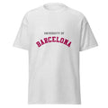 Unisex black t-shirt featuring University of Barcelona logo printed across the front chest