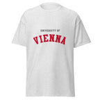 Unisex heather gray t-shirt featuring University of Vienna logo printed across the front chest