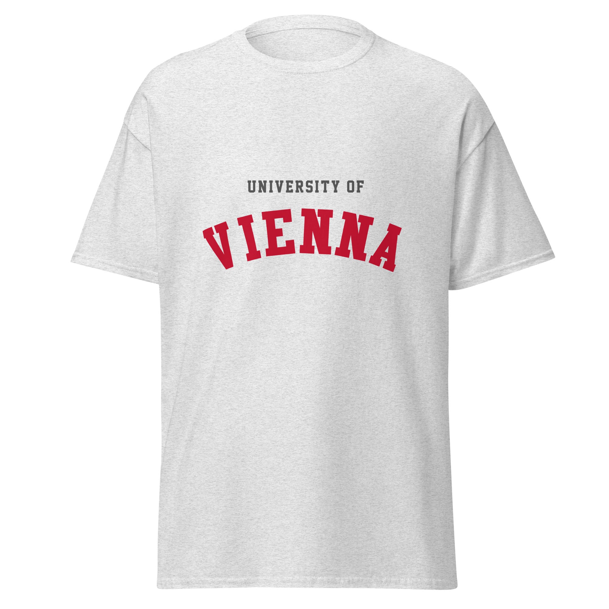 Unisex heather gray t-shirt featuring University of Vienna logo printed across the front chest