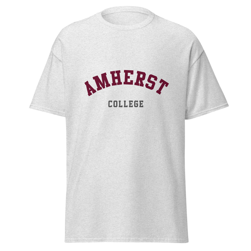 Unisex heather gray t-shirt featuring Amherst College logo printed across the front chest