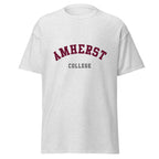 Unisex heather gray t-shirt featuring Amherst College logo printed across the front chest