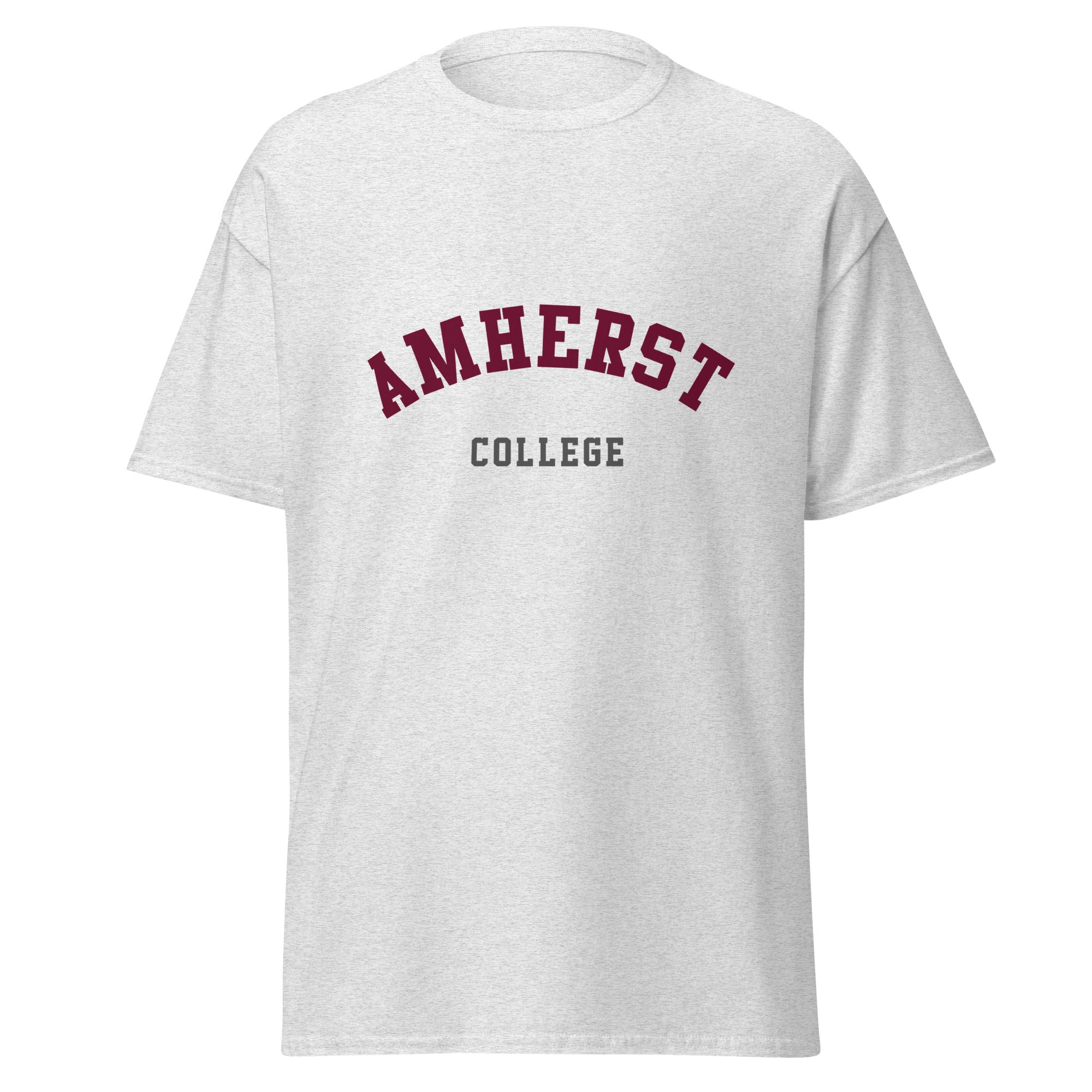 Unisex heather gray t-shirt featuring Amherst College logo printed across the front chest