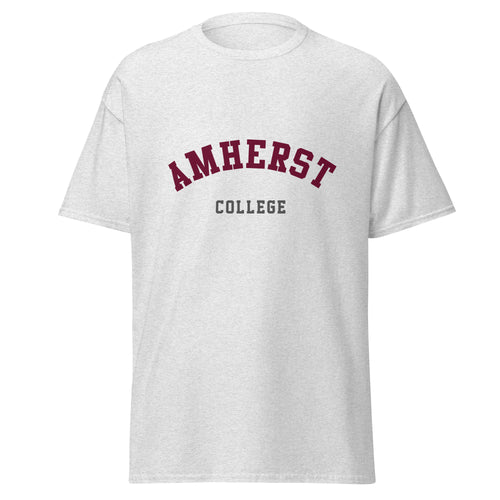 Unisex heather gray t-shirt featuring Amherst College logo printed across the front chest
