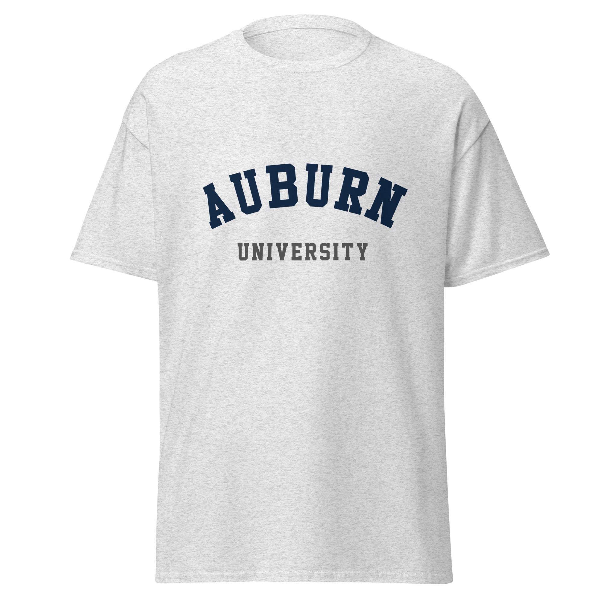 Unisex navy blue t-shirt featuring Auburn University logo printed across the front chest