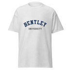 Unisex navy blue t-shirt featuring Bentley University logo printed across the front chest