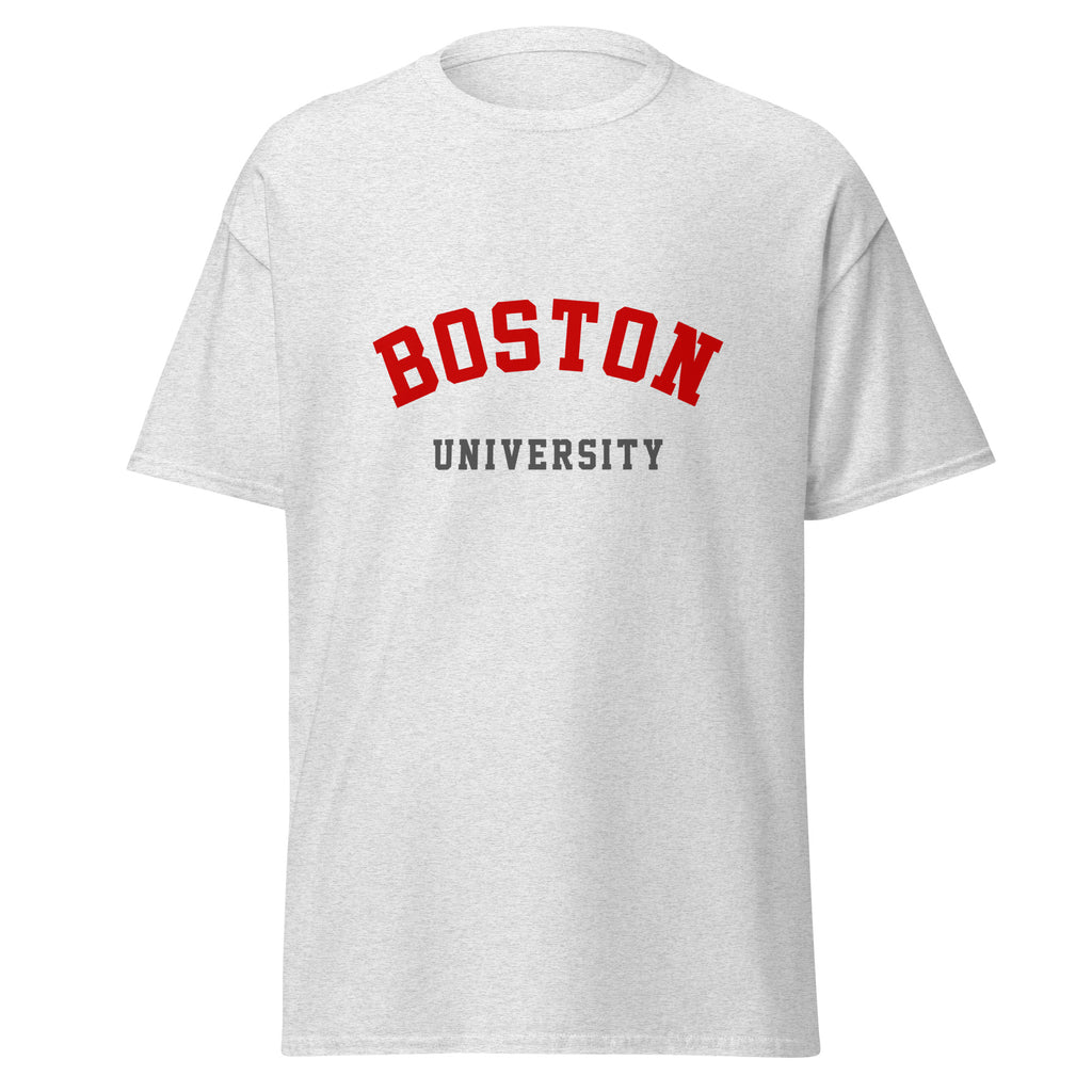 Unisex navy blue t-shirt featuring Boston University logo printed across the front chest