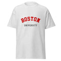 Unisex navy blue t-shirt featuring Boston University logo printed across the front chest