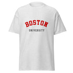 Unisex navy blue t-shirt featuring Boston University logo printed across the front chest