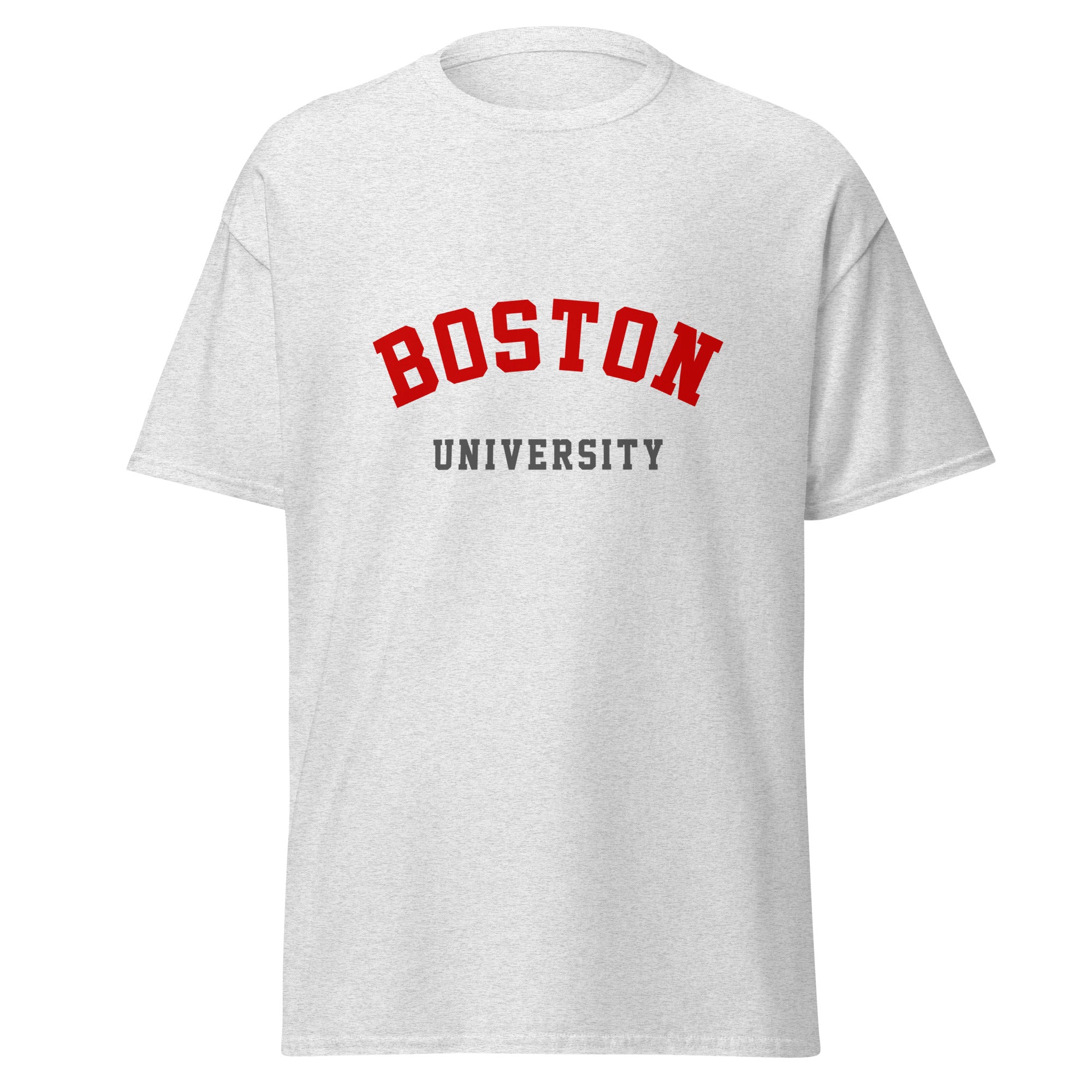Unisex navy blue t-shirt featuring Boston University logo printed across the front chest