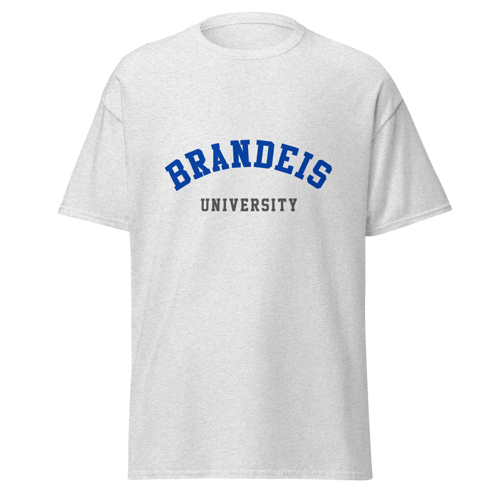 Unisex navy blue t-shirt featuring Brandeis University logo printed across the front chest
