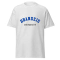 Unisex navy blue t-shirt featuring Brandeis University logo printed across the front chest