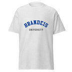 Unisex navy blue t-shirt featuring Brandeis University logo printed across the front chest