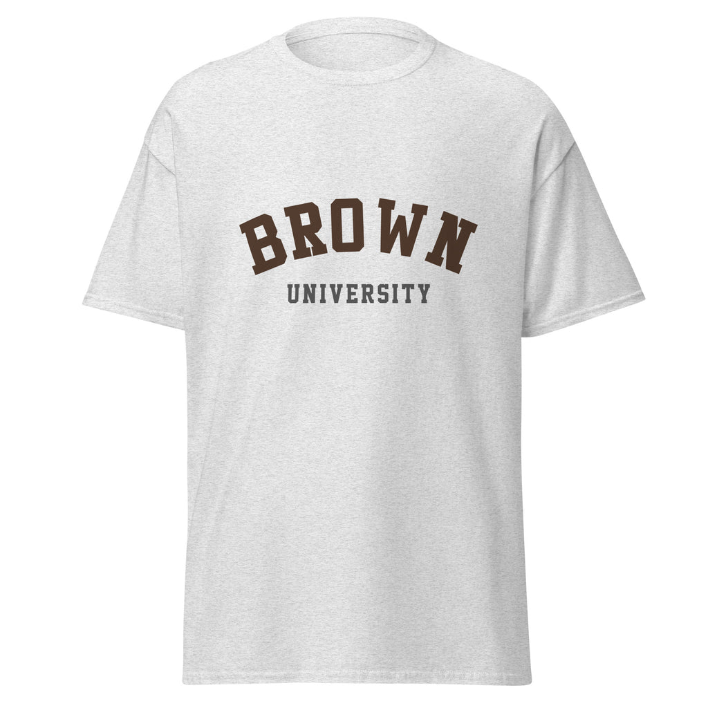 Unisex navy blue t-shirt featuring Brown University logo printed across the front chest