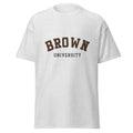 Unisex navy blue t-shirt featuring Brown University logo printed across the front chest
