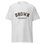 Unisex navy blue t-shirt featuring Brown University logo printed across the front chest