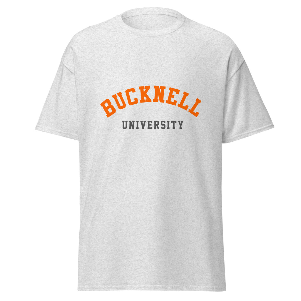 Unisex navy blue t-shirt featuring Bucknell University logo printed across the front chest